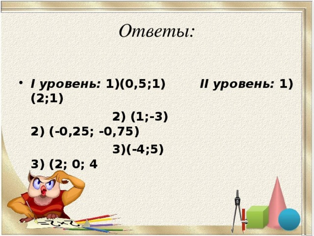 Ответы: I уровень: 1)(0,5;1) II уровень: 1) (2;1)  2) (1;-3) 2) (-0,25; -0,75)  3)(-4;5) 3) (2; 0; 4