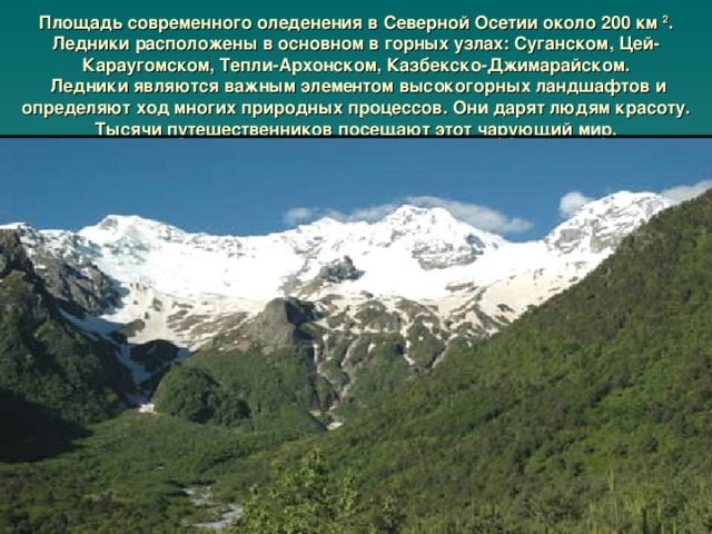 Площадь современного оледенения в Северной Осетии около 200 км 2 . Ледники расположены в основном в горных узлах: Суганском, Цей-Караугомском, Тепли-Архонском, Казбекско-Джимарайском.   Ледники являются важным элементом высокогорных ландшафтов и определяют ход многих природных процессов. Они дарят людям красоту. Тысячи путешественников посещают этот чарующий мир.