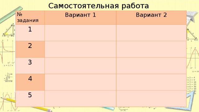 Самостоятельная работа № задания № задания Вариант 1 1 Вариант 1 1 Вариант 2 Вариант 2 2 2 3 3 4 4 5 5