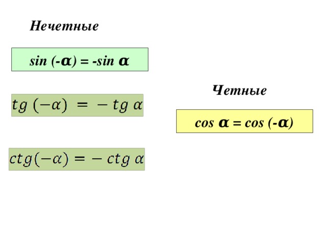 Нечетные sin (- α) = -sin α Четные cos α = cos (-α)