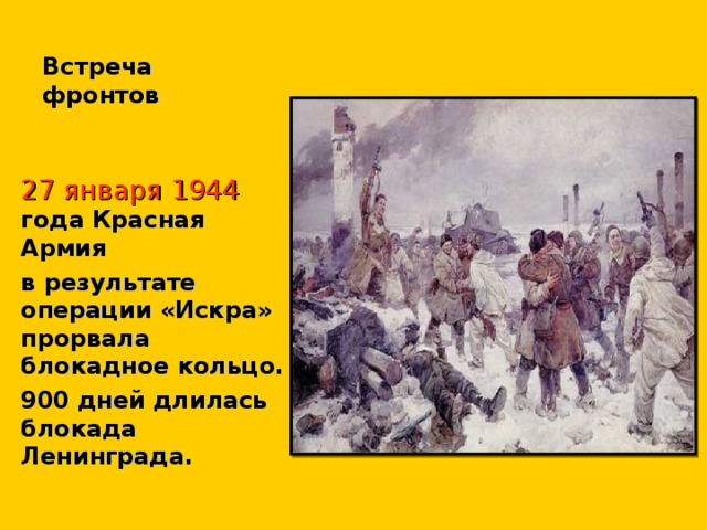 Встреча фронтов 27 января 1944  года Красная Армия в результате операции «Искра» прорвала блокадное кольцо. 900 дней длилась блокада Ленинграда.