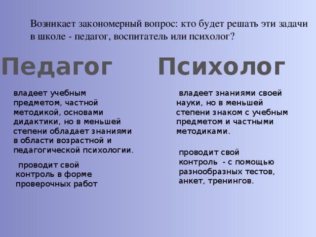 Возникает закономерный вопрос: кто будет решать эти задачи в школе - педагог, воспитатель или психолог? Педагог Психолог владеет учебным предметом, частной методикой, основами дидактики, но в меньшей степени обладает знаниями в области возрастной и педагогической психологии.  владеет знаниями своей науки, но в меньшей степени знаком с учебным предметом и частными методиками. проводит свой контроль - с помощью разнообразных тестов, анкет, тренингов.  проводит свой контроль в форме проверочных работ