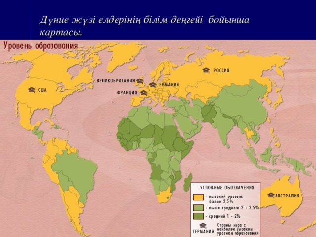 Дүние жүзі елдерінің білім деңгейі бойынша картасы.