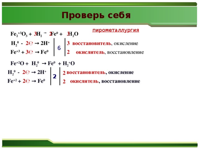 Проверь себя пирометаллургия  3 3 2 Fe 2 +3 O 3 + H 2 → Fe 0 + H 2 O 3 H 2 0 - 2℮ → 2H +    восстановитель , окисление 6 2 Fe +3 + 3℮ → Fe 0  окислитель , восстановление Fe +2 O + H 2 0 → Fe 0 + H 2 + O H 2 0 - 2℮ → 2H +   восстановитель , окисление 2 2 Fe +2 + 2℮ → Fe 0  окислитель , восстановление 2