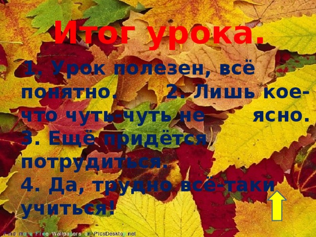 Итог урока.  1. Урок полезен, всё понятно. 2. Лишь кое-что чуть-чуть не ясно.  3. Ещё придётся потрудиться.  4. Да, трудно всё-таки учиться!