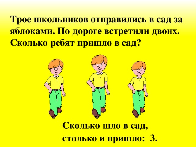 Трое школьников отправились в сад за яблоками. По дороге встретили двоих. Сколько ребят пришло в сад? Сколько шло в сад, столько и пришло: 3 .