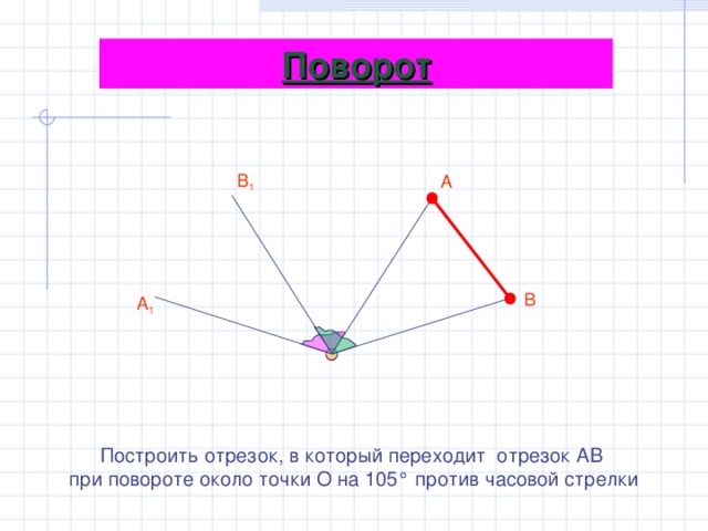 Поворот А В 1 В А 1 Построить отрезок, в который переходит отрезок АВ при повороте около точки О на 105° против часовой стрелки 18