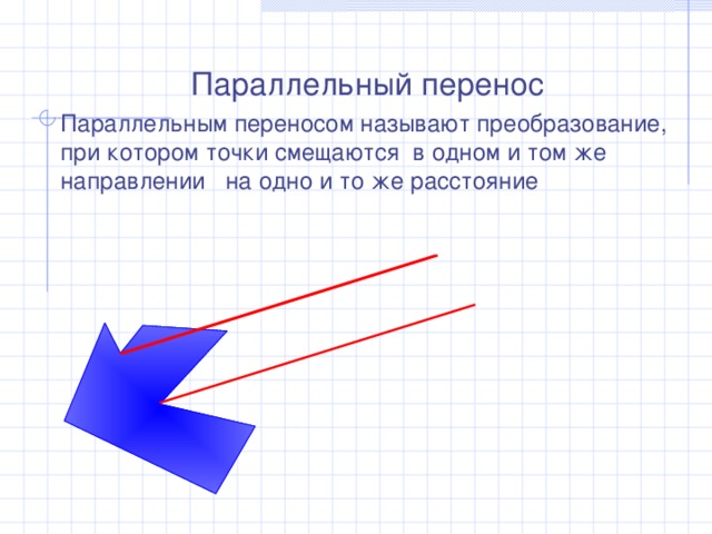 Параллельный перенос Параллельным переносом называют преобразование, при котором точки смещаются в одном и том же направлении на одно и то же расстояние 21