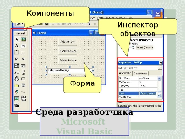 Компоненты Инспектор объектов Форма Среда разработчика Microsoft Visual Basic