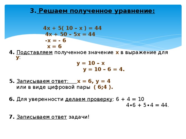 3. Решаем полученное уравнение:  4х + 5( 10 – х ) = 44  4х + 50 – 5х = 44  -х = - 6  х = 6 4. Подставляем полученное значение х в выражение для у :  у = 10 – х  у = 10 – 6 = 4.  5. Записываем ответ: х = 6, у = 4  или в виде цифровой пары ( 6;4 ).  6. Для уверенности делаем проверку : 6 + 4 = 10  4 ∙6 + 5∙4 = 44.  7. Записываем ответ задачи!
