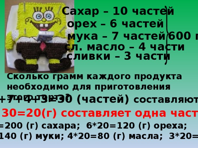 Сахар – 10 частей  орех – 6 частей  мука – 7 частей 600 г  сл. масло – 4 части  сливки – 3 части Сколько грамм каждого продукта необходимо для приготовления этого торта? 10+6+7+4+3=30 (частей) составляют 600г. 600:30=20(г) составляет одна часть. 10*20=200 (г) сахара; 6*20=120 (г) ореха; 7*20=140 (г) муки; 4*20=80 (г) масла; 3*20=60 (г) сливок.