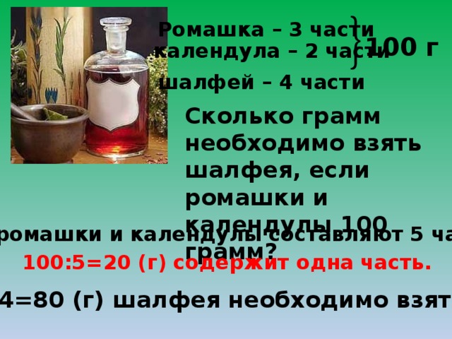 Ромашка – 3 части 100 г календула – 2 части шалфей – 4 части Сколько грамм необходимо взять шалфея, если ромашки и календулы 100 грамм? 100 г ромашки и календулы составляют 5 частей 100:5=20 (г) содержит одна часть. 20*4=80 (г) шалфея необходимо взять.