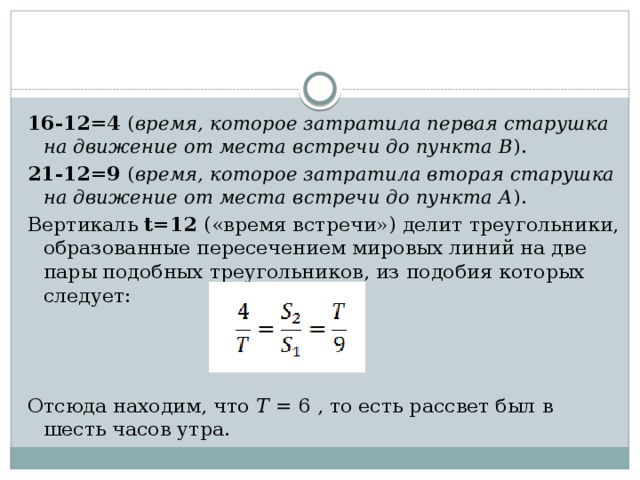 16-12=4  ( время, которое затратила первая старушка на движение от места встречи до пункта В ). 21-12=9  ( время, которое затратила вторая старушка на движение от места встречи до пункта А ).  Вертикаль t=12 («время встречи») делит треугольники, образованные пересечением мировых линий на две пары подобных треугольников, из подобия которых следует:   Отсюда находим, что Т = 6 , то есть рассвет был в шесть часов утра.