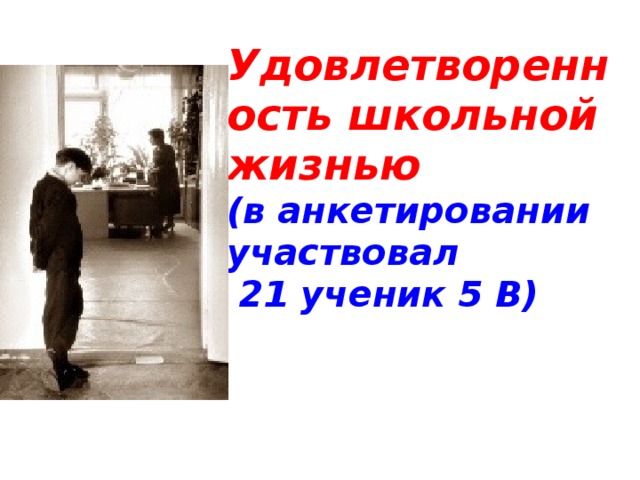 Удовлетворенность школьной жизнью  (в анкетировании участвовал  21 ученик 5 В)