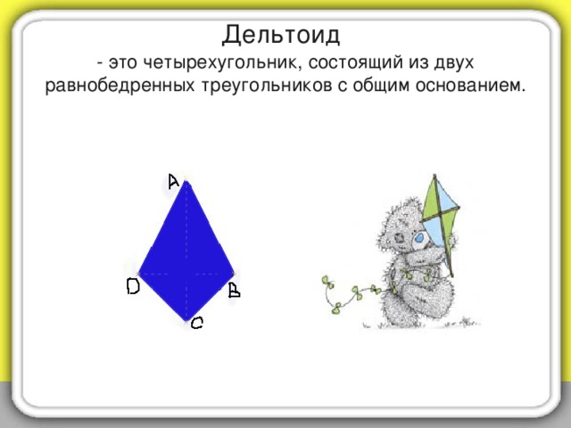 Дельтоид   - это четырехугольник, состоящий из двух равнобедренных треугольников с общим основанием.