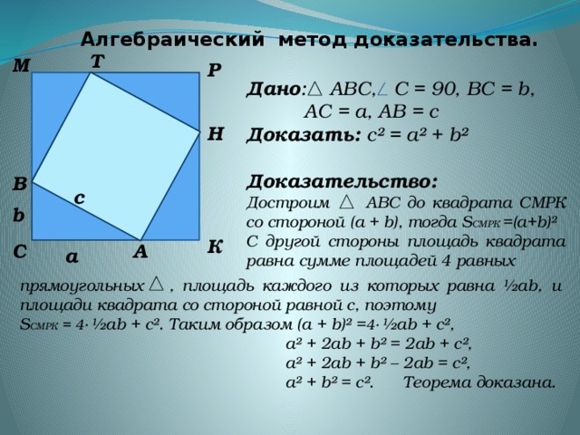 Алгебраический метод доказательства.  Т  М  Р Дано : АВС, С = 90, ВС = b,  АС = а, АВ = с Доказать: с² = а² + b²  Доказательство: Достроим АВС до квадрата СМРК со стороной (а + b), тогда S СМРК =(а+b)²  С другой стороны площадь квадрата равна сумме площадей 4 равных  Н  В c  b  К  С А а прямоугольных , площадь каждого из которых равна ½аb, и площади квадрата со стороной равной с, поэтому S СМРК = 4·  ½аb + с². Таким образом (а + b)² = 4·  ½аb + с²,  а² + 2аb + b² = 2аb + c²,  а² + 2аb + b² – 2аb = c²,  а² + b² = c². Теорема доказана.