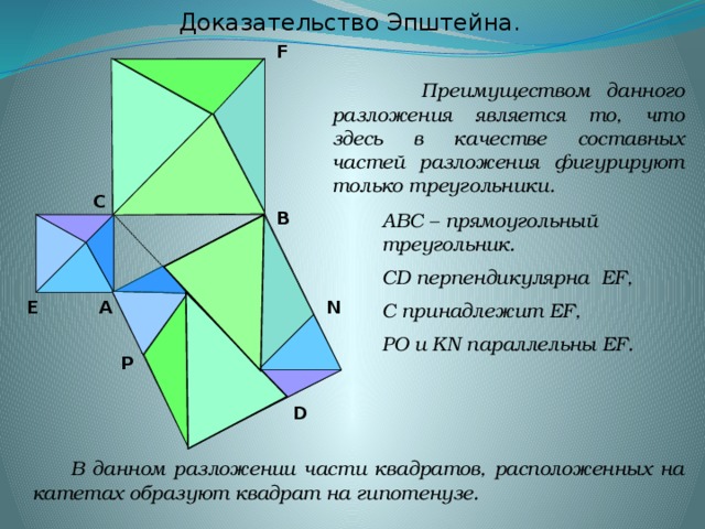 Доказательство Эпштейна. F  Преимуществом данного разложения является то, что здесь в качестве составных частей разложения фигурируют только треугольники. С B АВС – прямоугольный треугольник. СD перпендикулярна EF, C принадлежит EF, PО и KN параллельны EF. O N E А P K D  В данном разложении части квадратов, расположенных на катетах образуют квадрат на гипотенузе.