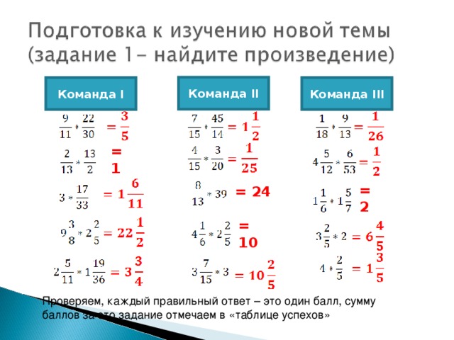 Команда II Команда III Команда I = 1 = 2 = 24 = 10 Проверяем, каждый правильный ответ – это один балл, сумму баллов за это задание отмечаем в «таблице успехов»