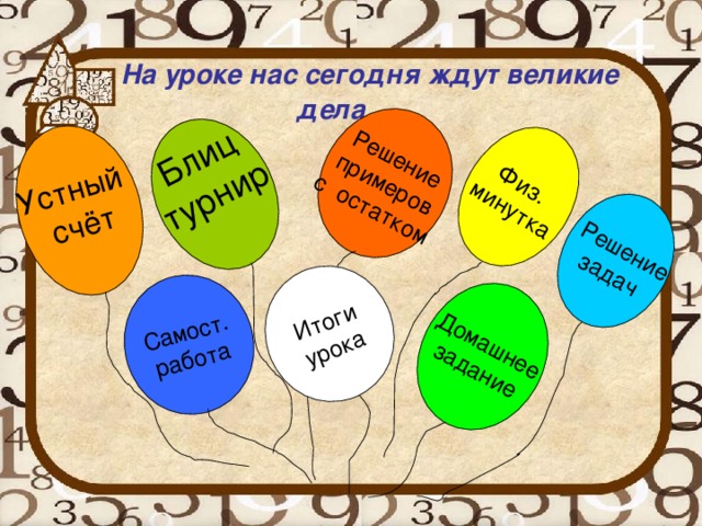 Устный счёт Решение примеров с остатком  Решение задач Блиц турнир Физ. минутка Самост. работа  Домашнее задание Итоги урока  На уроке нас сегодня ждут великие дела …