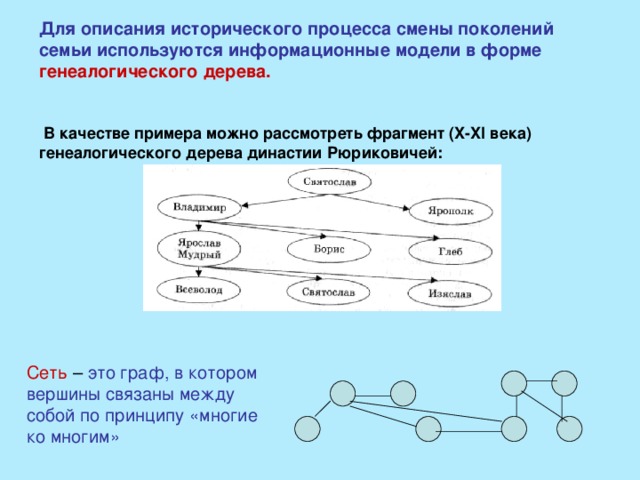 Для описания исторического процесса смены поколений семьи используются информационные модели в форме  генеалогического дерева.   В качестве примера можно рассмотреть фрагмент ( X-XI века) генеалогического дерева династии Рюриковичей: Сеть – это граф, в котором вершины связаны между собой по принципу «многие ко многим»