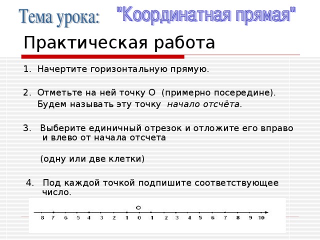 Практическая работа 1. Начертите горизонтальную прямую. 2. Отметьте на ней точку О (примерно посередине).  Будем называть эту точку начало отсчёта.  3. Выберите единичный отрезок и отложите его вправо и влево от начала отсчета  (одну или две клетки)  4. Под каждой точкой подпишите соответствующее число.