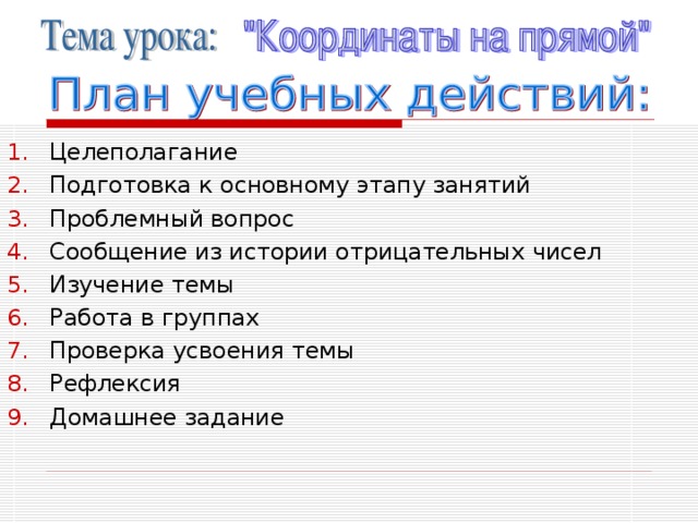 Целеполагание Подготовка к основному этапу занятий Проблемный вопрос Сообщение из истории отрицательных чисел Изучение темы Работа в группах Проверка усвоения темы Рефлексия Домашнее задание