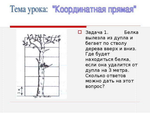 Задача 1. Белка вылезла из дупла и бегает по стволу дерева вверх и вниз. Где будет находиться белка, если она удалится от дупла на 3 метра. Сколько ответов можно дать на этот вопрос?