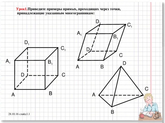 Урок1. Приведите примеры прямых, проходящих через точки,  принадлежащие указанным многогранникам: D 1 С 1 А 1 В 1 D 1 С 1 D С А 1 В 1 D А В С D С В В А А В  28.10.16 слайд1.1