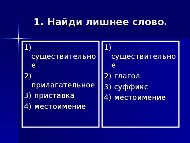 1. Найди лишнее слово. 1) существительное 2) прилагательное 3) приставка 4) местоимение 1) существительное 2) глагол 3) суффикс 4) местоимение