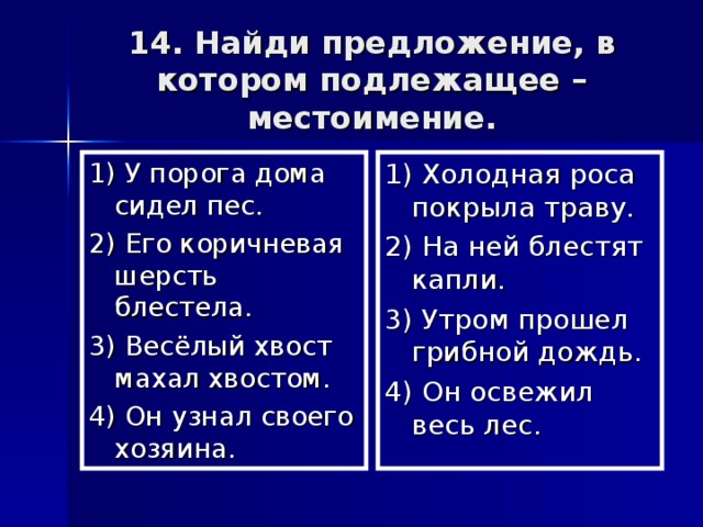 14. Найди предложение, в котором подлежащее – местоимение. 1) У порога дома сидел пес. 2) Его коричневая шерсть блестела. 3) Весёлый хвост махал хвостом. 4) Он узнал своего хозяина. 1) Холодная роса покрыла траву. 2) На ней блестят капли. 3) Утром прошел грибной дождь. 4) Он освежил весь лес.