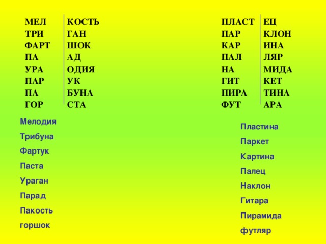 МЕЛ  ТРИ  ФАРТ  ПА  УРА  ПАР  ПА  ГОР КОСТЬ  ГАН  ШОК  АД  ОДИЯ  УК  БУНА  СТА   ПЛАСТ  ПАР  КАР  ПАЛ  НА  ГИТ  ПИРА  ФУТ ЕЦ  КЛОН  ИНА  ЛЯР  МИДА  КЕТ  ТИНА  АРА Мелодия Трибуна Фартук Паста Ураган Парад Пакость горшок Пластина Паркет Картина Палец Наклон Гитара Пирамида футляр