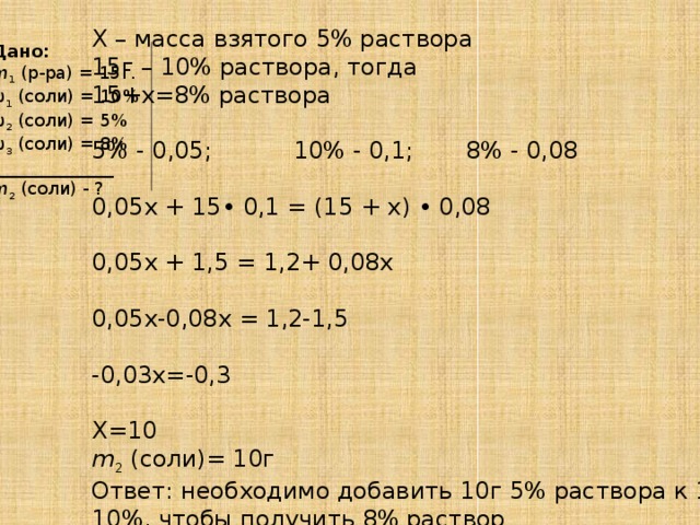Х – масса взятого 5% раствора 15г – 10% раствора, тогда 15+х=8% раствора 5% - 0,05; 10% - 0,1; 8% - 0,08 0,05х + 15• 0,1 = (15 + х) • 0,08 0,05х + 1,5 = 1,2+ 0,08х 0,05х-0,08х = 1,2-1,5 -0,03х=-0,3 Х=10 m 2 (соли)= 10г Ответ: необходимо добавить 10г 5% раствора к 15г 10%, чтобы получить 8% раствор Дано: m 1 (р-ра) = 15г. ω 1 (соли) = 10% ω 2 (соли) = 5% ω 3 (соли) = 8% ______________ m 2 (соли) - ?