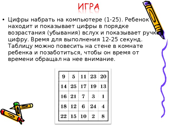 Цифры набрать на компьютере (1-25). Ребенок находит и показывает цифры в порядке возрастания (убывания) вслух и показывает ручкой цифру. Время для выполнения 12-25 секунд. Таблицу можно повесить на стене в комнате ребенка и позаботиться, чтобы он время от времени обращал на нее внимание.