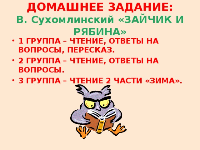 ДОМАШНЕЕ ЗАДАНИЕ:  В. Сухомлинский «ЗАЙЧИК И РЯБИНА»