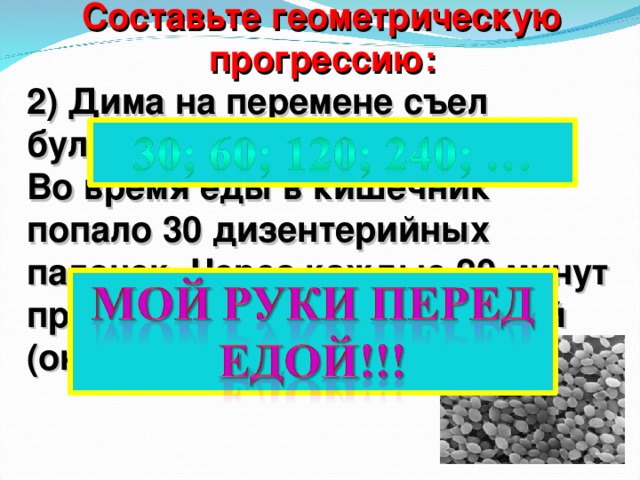 Составьте геометрическую прогрессию: 2)  Дима на перемене съел булочку, не помыв руки. Во время еды в кишечник попало 30 дизентерийных палочек. Через каждые 20 минут происходит деление бактерий (они удваиваются).