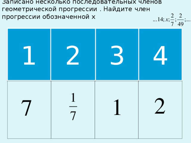 Записано несколько последовательных членов геометрической прогрессии . Найдите член прогрессии обозначенной х 1 3 4 2