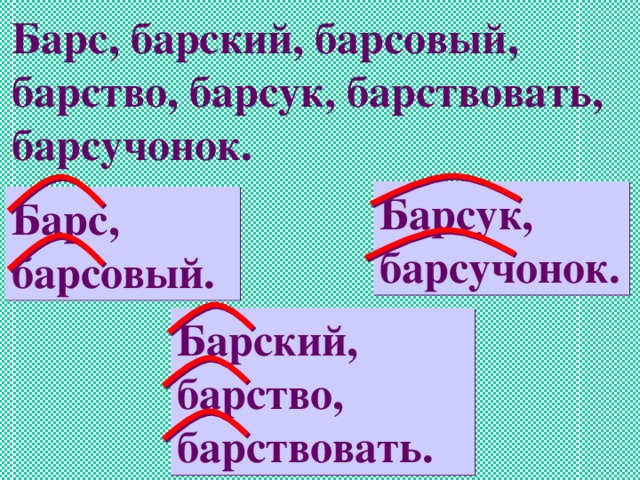 Барс, барский, барсовый, барство, барсук, барствовать, барсучонок. Барсук, барсучонок. Барс, барсовый. Барский, барство, барствовать.