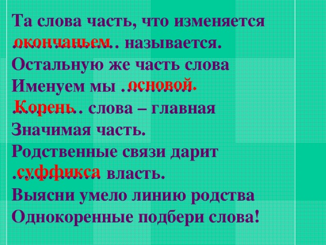 Та слова часть, что изменяется ……………… называется. Остальную же часть слова Именуем мы ………… ………… слова – главная Значимая часть. Родственные связи дарит …………… власть. Выясни умело линию родства Однокоренные подбери слова! окончаньем основой. Корень суффикса