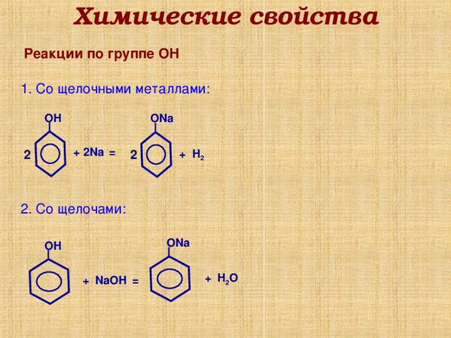 Химические свойства Реакции по группе ОН 1. Со щелочными металлами: О Na ОН + 2Na  = + H 2 2 2 2. Со щелочами: О Na ОН + H 2 О + Na ОН  =