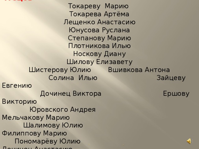 Благодарим всех тех, кто принял участие в  подготовке и проведении конкурса чтецов Токареву Марию Токарева Артёма Лещенко Анастасию Юнусова Руслана Степанову Марию Плотникова Илью Носкову Диану Шилову Елизавету Шистерову Юлию Вшивкова Антона  Солина Илью Зайцеву Евгению  Дочинец Виктора Ершову Викторию  Юровского Андрея Мельчакову Марию  Шалимову Юлию Филиппову Марию  Пономарёву Юлию Дочинец Анастасию Токареву Татьяну Колчанова Антона Вшивкова Артёма Группу 7 класса