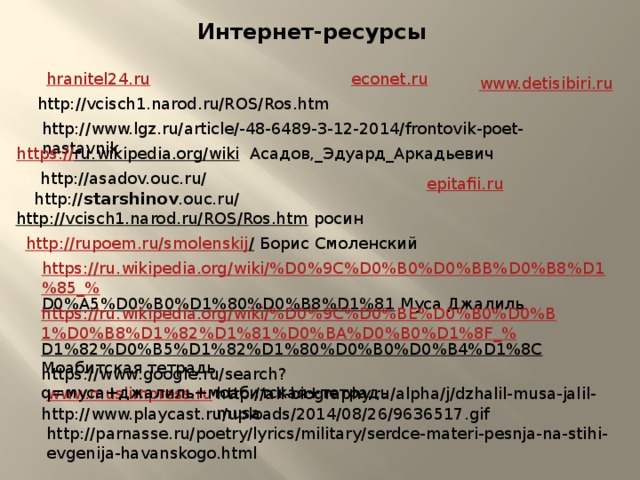 Интернет-ресурсы econet.ru hranitel24.ru www.detisibiri.ru http://vcisch1.narod.ru/ROS/Ros.htm http://www.lgz.ru/article/-48-6489-3-12-2014/frontovik-poet-nastavnik https:// ru.wikipedia.org/wiki  Асадов,_Эдуард_Аркадьевич http://asadov.ouc.ru/ epitafii.ru http:// starshinov .ouc.ru/ http://vcisch1.narod.ru/ROS/Ros.htm  росин http://rupoem.ru/smolenskij /  Борис Смоленский https://ru.wikipedia.org/wiki/%D0%9C%D0%B0%D0%BB%D0%B8%D1%85_% D0%A5%D0%B0%D1%80%D0%B8%D1%81  Муса Джалиль https://ru.wikipedia.org/wiki/%D0%9C%D0%BE%D0%B0%D0%B1%D0%B8%D1%82%D1%81%D0%BA%D0%B0%D1%8F_% D1%82%D0%B5%D1%82%D1%80%D0%B0%D0%B4%D1%8C  Моабитская тетрадь https://www.google.ru/search?q=муса+джалиль+моабитская+тетрадь http://all-biography.ru/alpha/j/dzhalil-musa-jalil-musa www.muslimpress.ru http://www.playcast.ru/uploads/2014/08/26/9636517.gif http://parnasse.ru/poetry/lyrics/military/serdce-materi-pesnja-na-stihi-evgenija-havanskogo.html