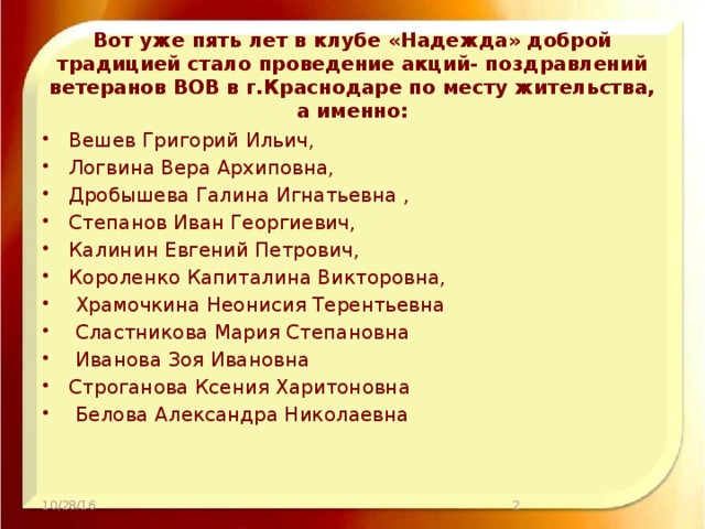 Вот уже пять лет в клубе «Надежда» доброй традицией стало проведение акций- поздравлений ветеранов ВОВ в г.Краснодаре по месту жительства, а именно:   Вешев Григорий Ильич, Логвина Вера Архиповна, Дробышева Галина Игнатьевна , Степанов Иван Георгиевич,   Калинин Евгений Петрович, Короленко Капиталина Викторовна,   Храмочкина Неонисия Терентьевна   Сластникова Мария Степановна   Иванова Зоя Ивановна Строганова Ксения Харитоновна   Белова Александра Николаевна 10/28/16