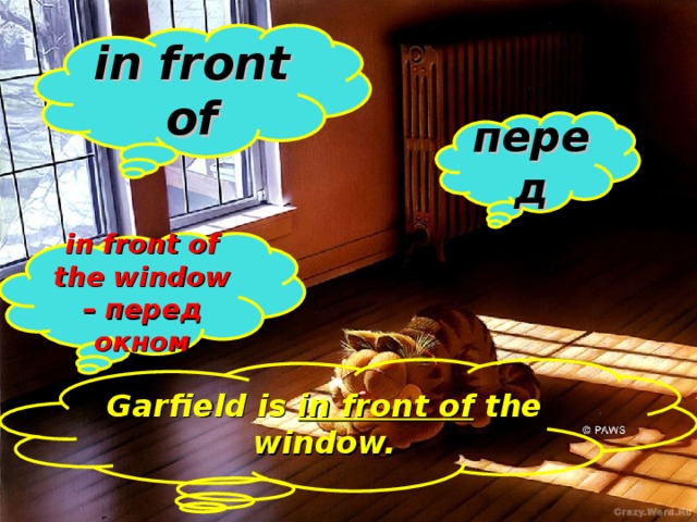 in front of перед in front of the window – перед окном Garfield is in front of the window.