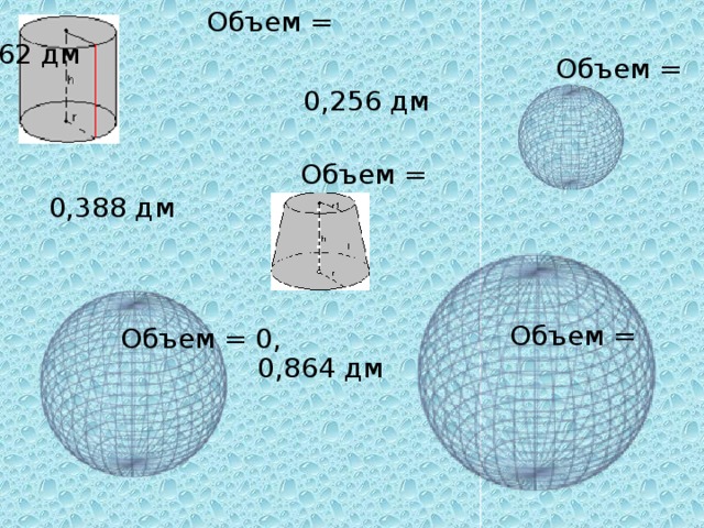 Объем = 0,162 дм  Объем = 0,256 дм  Объем = 0,388 дм  Объем = 0,864 дм  Объем = 0, дм