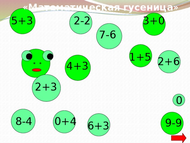 « Математическая гусеница » 3+0 2-2 5+3 7-6 1+5 2+6 4+3 2+3 0 8-4 0+4 9-9 6+3