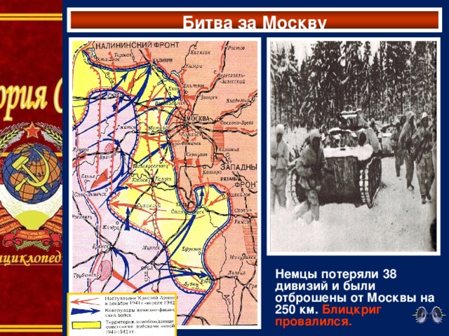 Битва за Москву Немцы потеряли 38 дивизий и были отброшены от Москвы на 250 км. Блицкриг провалился.