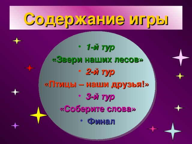 Содержание игры 1-й тур  «Звери наших лесов» 2-й тур  «Птицы – наши друзья!» 3-й тур «Соберите слова»