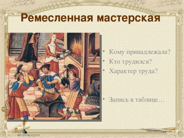 Ремесленная мастерская Кому принадлежала? Кто трудился? Характер труда? Запись в таблице… Обучающиеся определяют что было характерно для средневековья и что изменилось