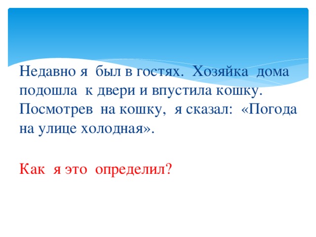 Недавно я  был в гостях.  Хозяйка  дома  подошла  к двери и впустила кошку.  Посмотрев  на кошку,  я сказал:  «Погода на улице холодная».    Как  я это  определил?