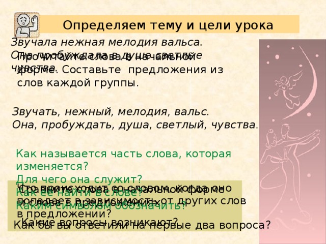 Определяем тему и цели урока Звучала нежная мелодия вальса. Она пробуждала в душе светлые чувства. Прочитайте слова в начальной форме. Составьте предложения из слов каждой группы. Звучать, нежный, мелодия, вальс. Она, пробуждать, душа, светлый, чувства . Как называется часть слова, которая изменяется? Для чего она служит? Как её найти в слове? Каким символом обозначить? Что происходит со словом, когда оно попадает в зависимость от других слов в предложении? Сравните слова в начальной форме и слова в предложениях. Какие вопросы возникают? Как бы вы ответили на первые два вопроса?